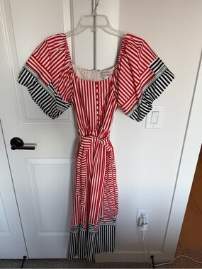 Hunter Bell Red and White Striped Puff-Sleeve Midi Dress